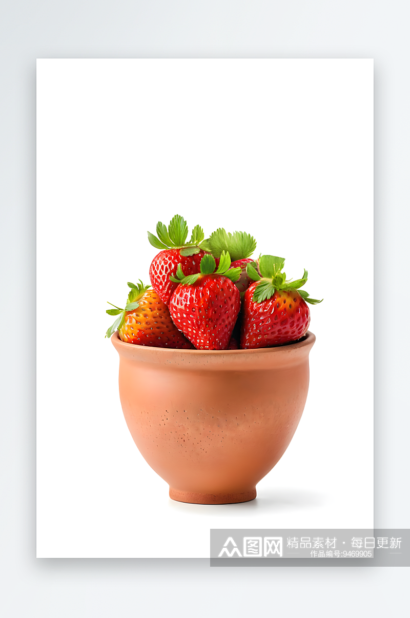 大块有机草莓放陶土陶瓷碗里白色背景上分开素材