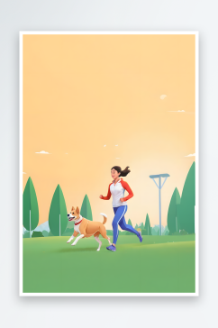 宠物狗跑步运动女生扁平描边插画