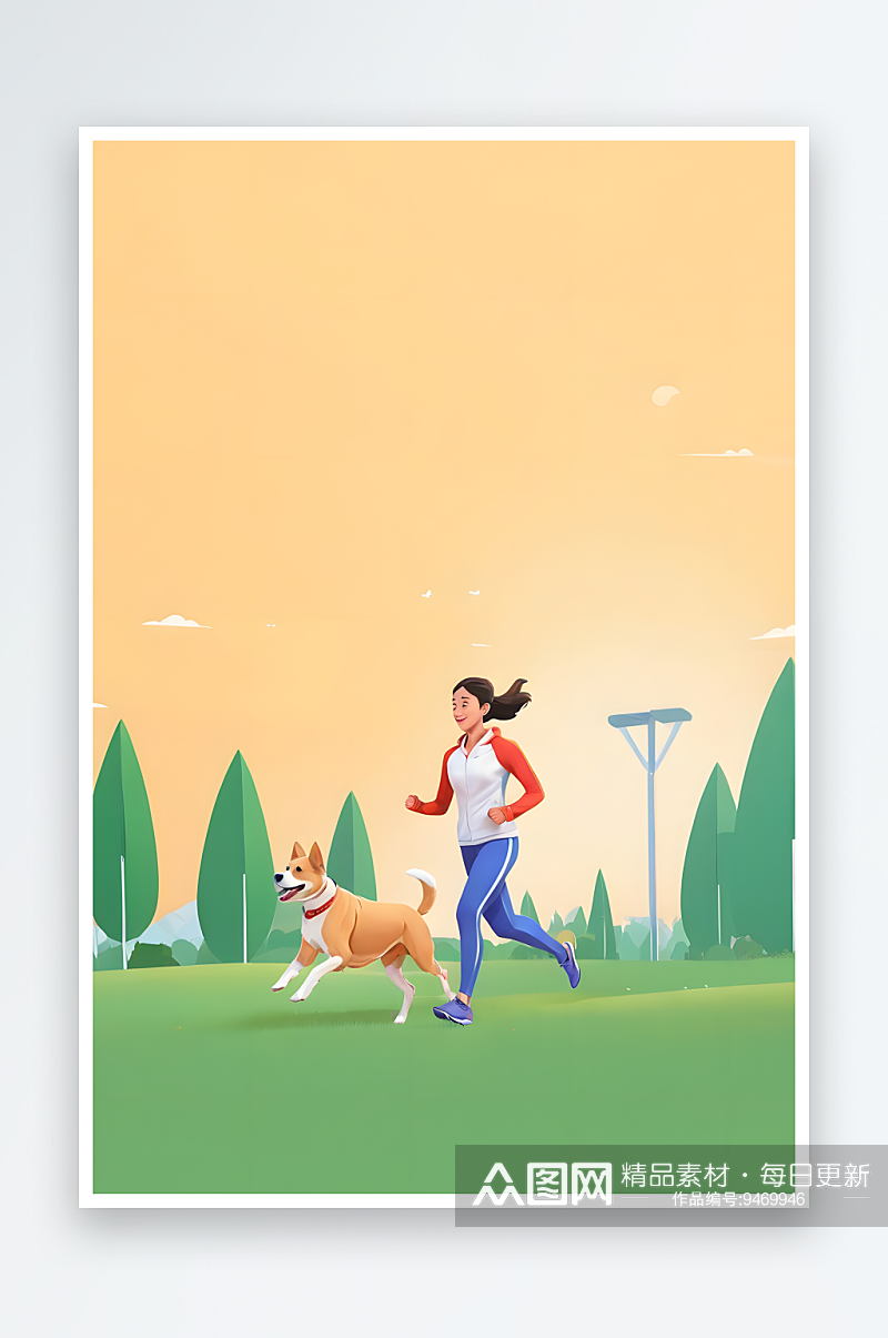 宠物狗跑步运动女生扁平描边插画素材