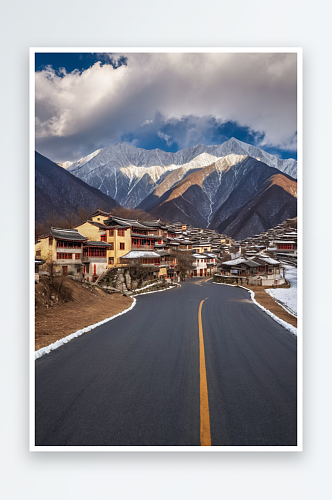 川西阳光下青绕雪山道路村庄美丽风景图片