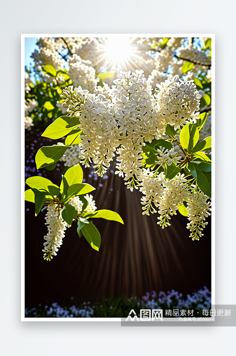 阳光下盛开白色丁香花图片素材