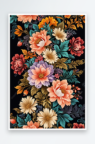 数码复古彩色复杂花卉装饰抽象图形海报背景