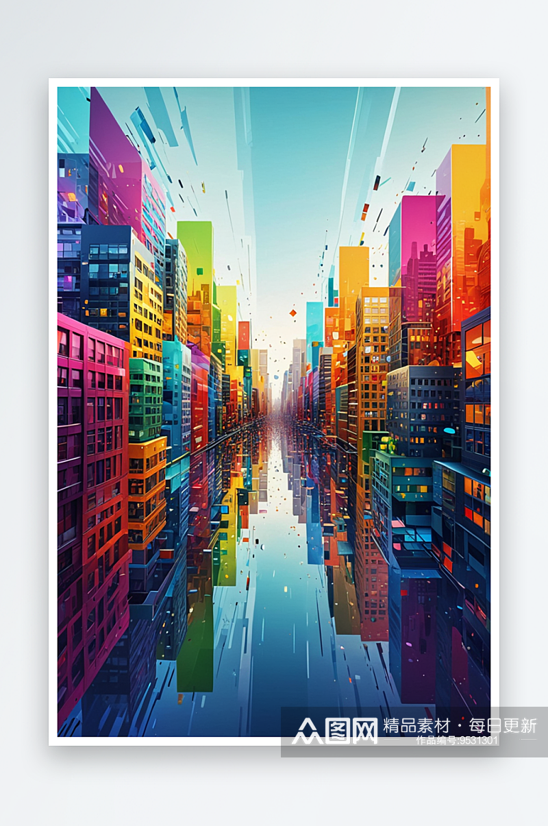 数码彩色方块城抽象图形海报背景图片素材