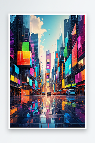 数码彩色方块城抽象图形海报背景图片