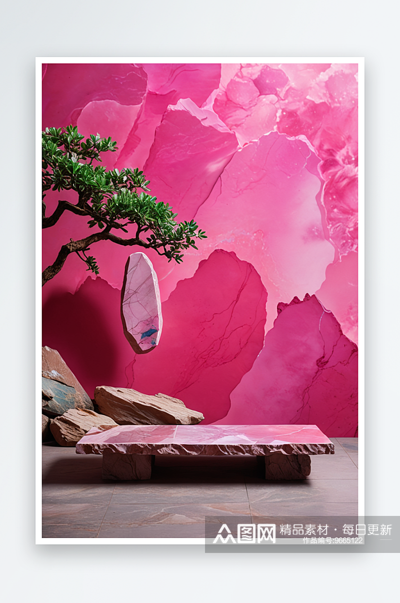中式假山石粉色展台背景墙素材