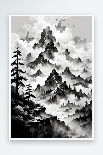 云雾缭绕黑白水墨山水画