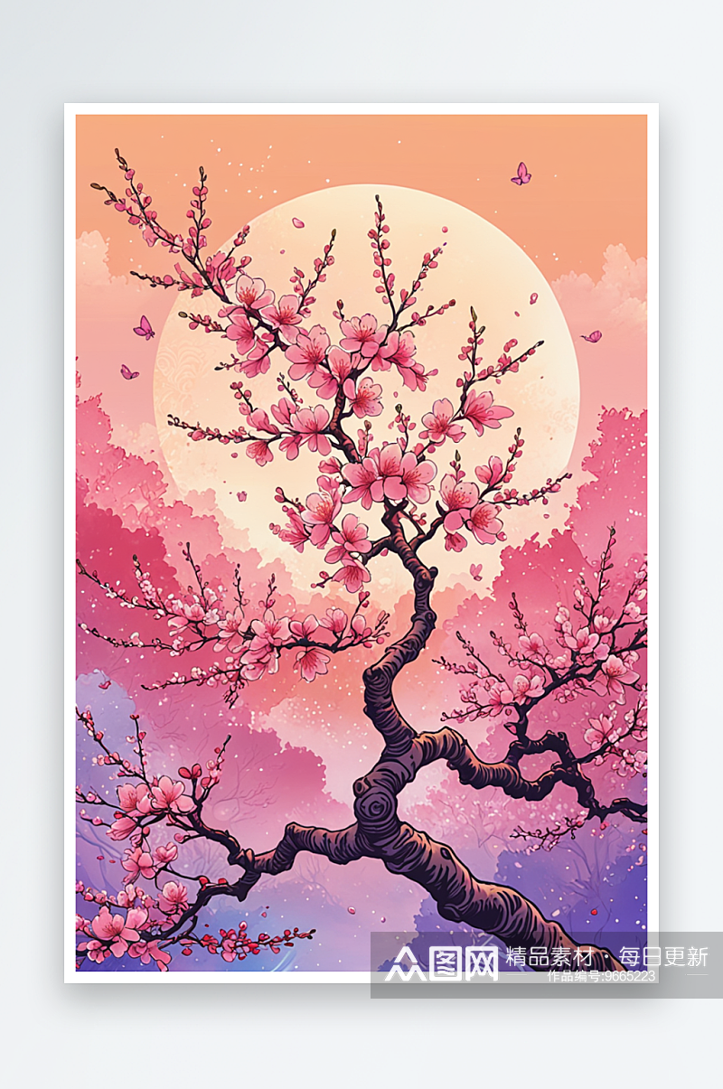 樱花盛开美景手绘插画海报背景素材