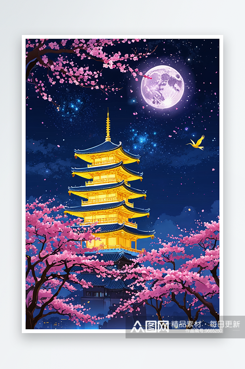 夜晚星空下黄鹤楼周围樱花正盛开插画背景素材