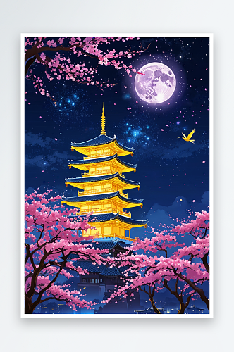 夜晚星空下黄鹤楼周围樱花正盛开插画背景