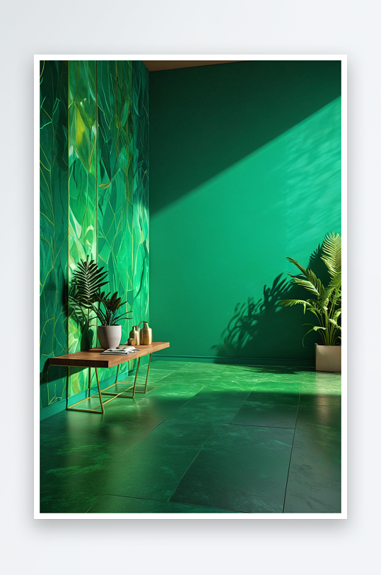 渲染抽象绿色墙面彩色地板