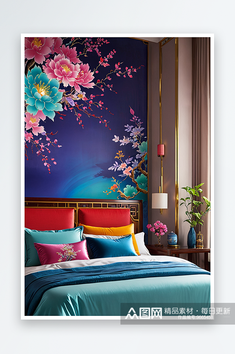 新中式风格卧室床铺素材