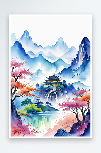 手绘风小清新水彩风格山水风景插画