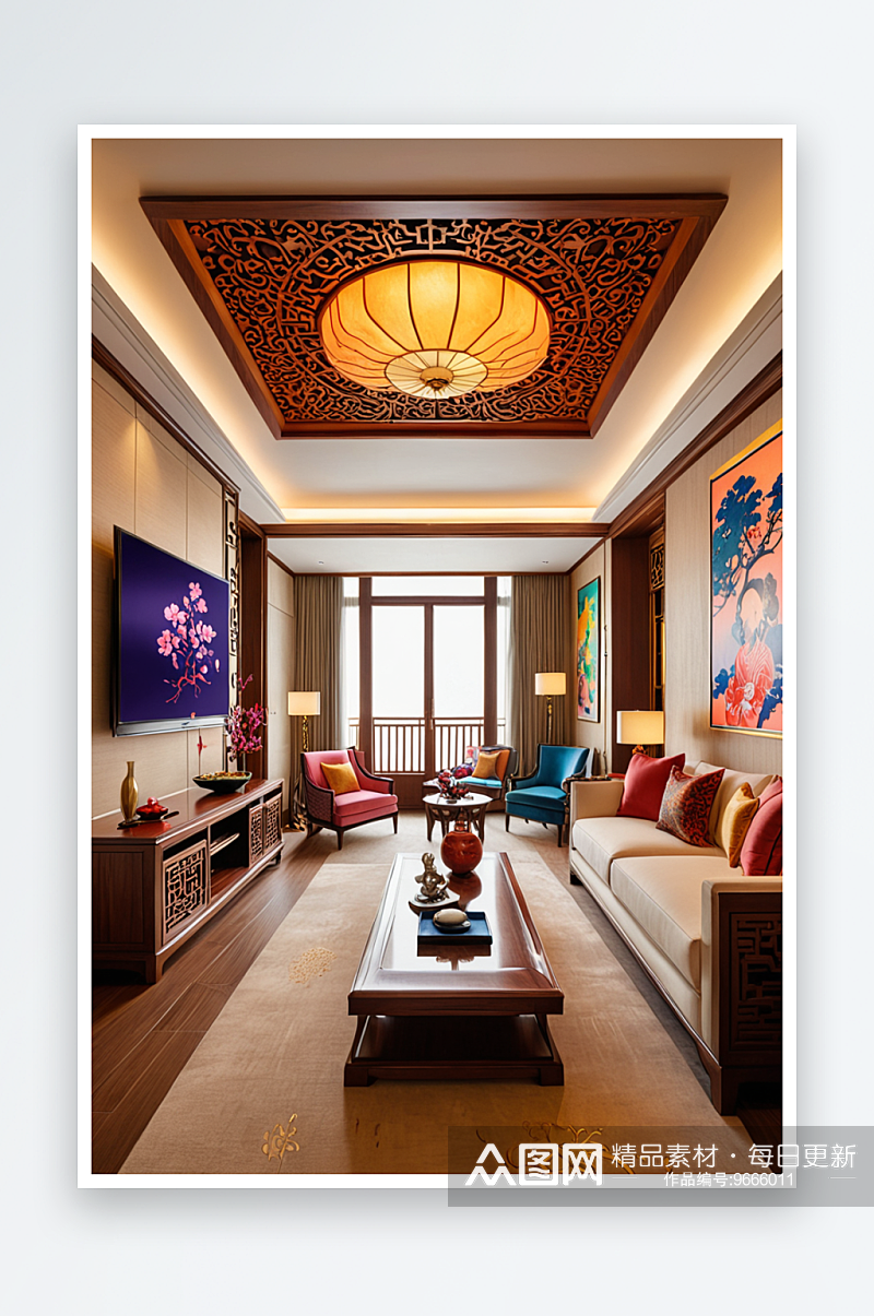 实木家具中式风格豪华酒店套房客厅素材
