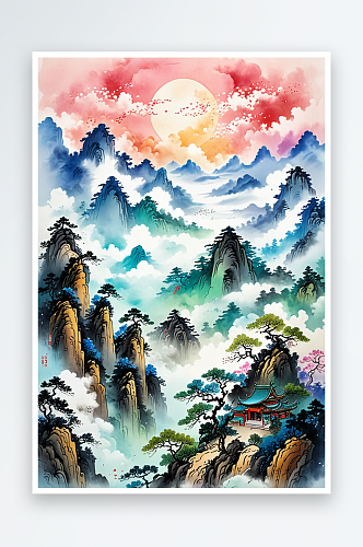 中古画高山云雾水墨画