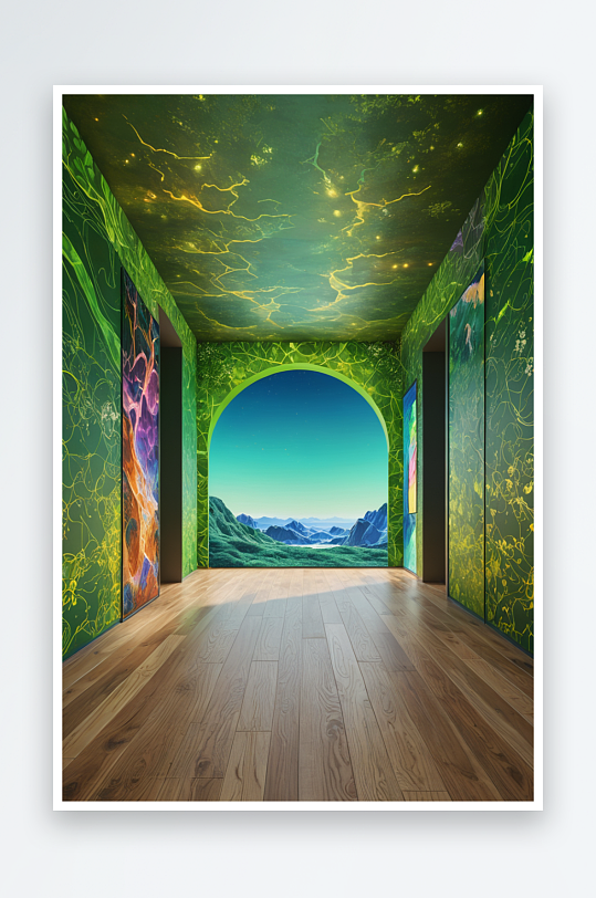 渲染抽象绿色墙面和彩色地板