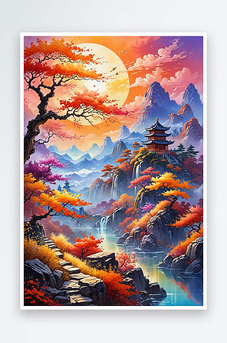 新中式油画山水画潮风秋天节气插画背景