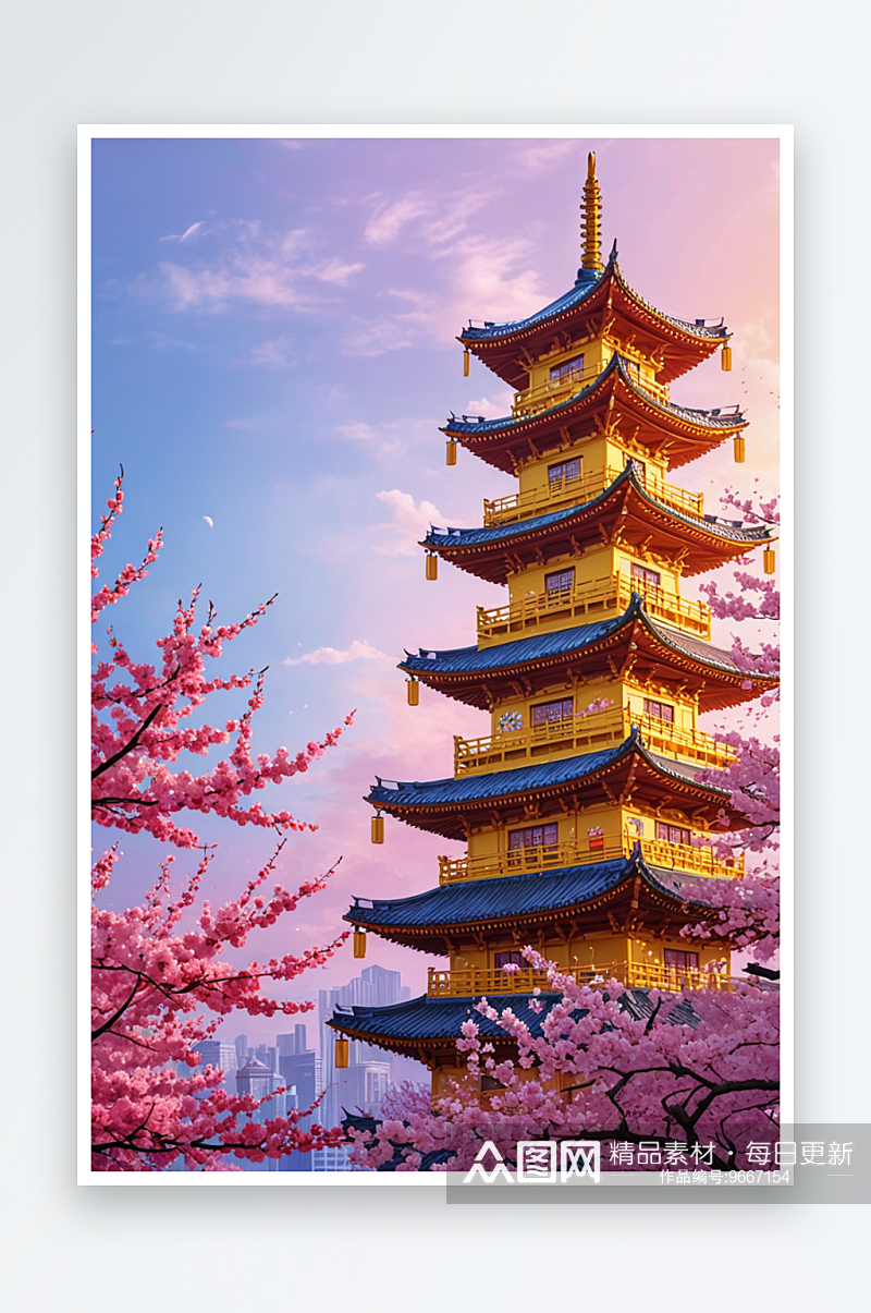 武汉市的黄鹤楼周围樱花正盛开插画背景素材