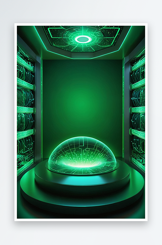 未来科技感数据中心计算机机房圆形平台绿色