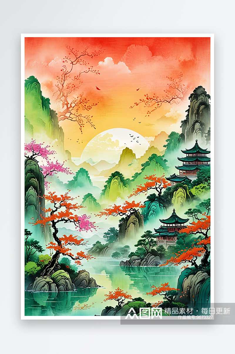 中风新中式古风中画青绿山水画背景素材