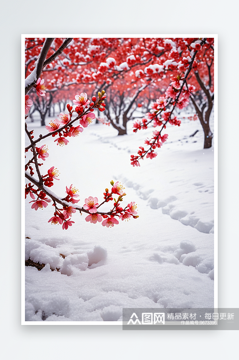 雪落红梅图大雪中独自绽放的红色梅花素材