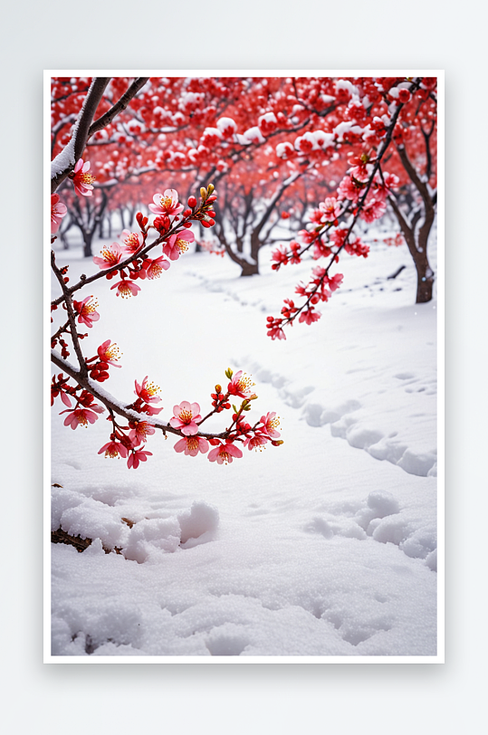 雪落红梅图大雪中独自绽放的红色梅花