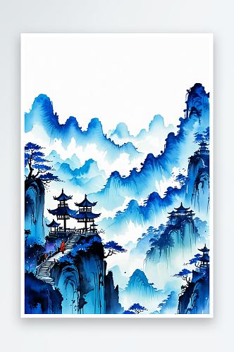 竖幅背景蓝色中山水水墨画