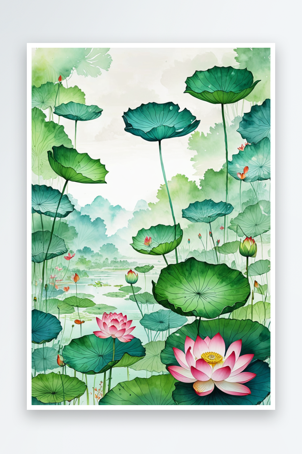 清新山水画水墨画青绿山水荷塘荷花莲花莲蓬素材