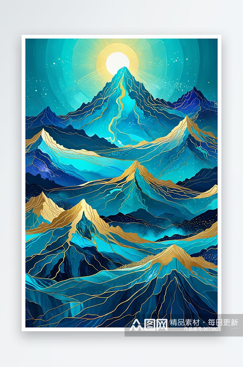 青色与金色抽象风景山景插画背景素材