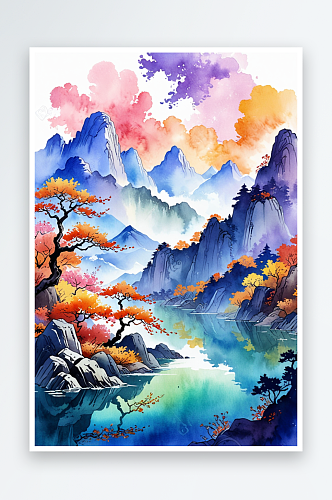 复古画画轴水彩风格山河秋色插画背景图