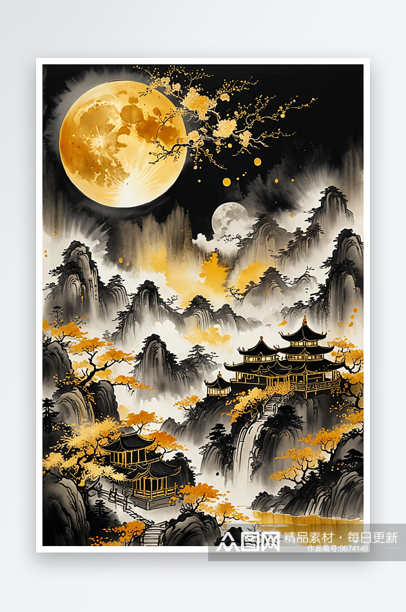 传统中画背景金色黑色山水水墨月亮素材