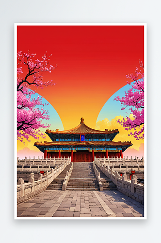 北京故宫天坛祈年殿庆节城市地标建筑插画