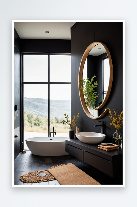 豪华现代家庭水疗浴室与哑光黑色堆叠墙木制