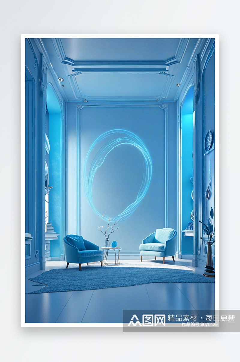 淡蓝色室内空间场景渲染素材