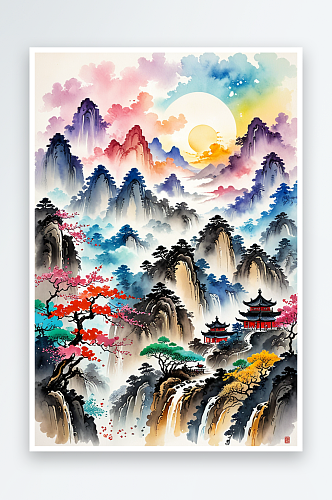 淡彩古典传统风水墨山水画