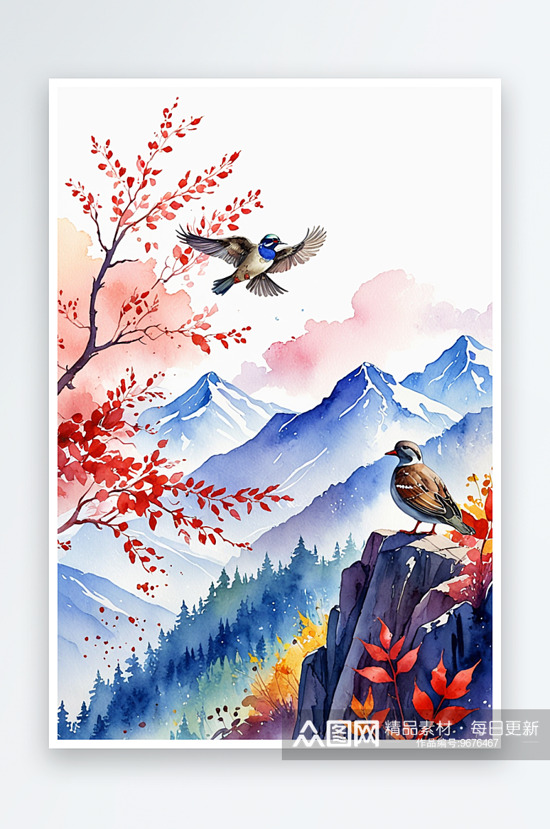 春夏彩风景画野鸭子麻雀红叶山色素材