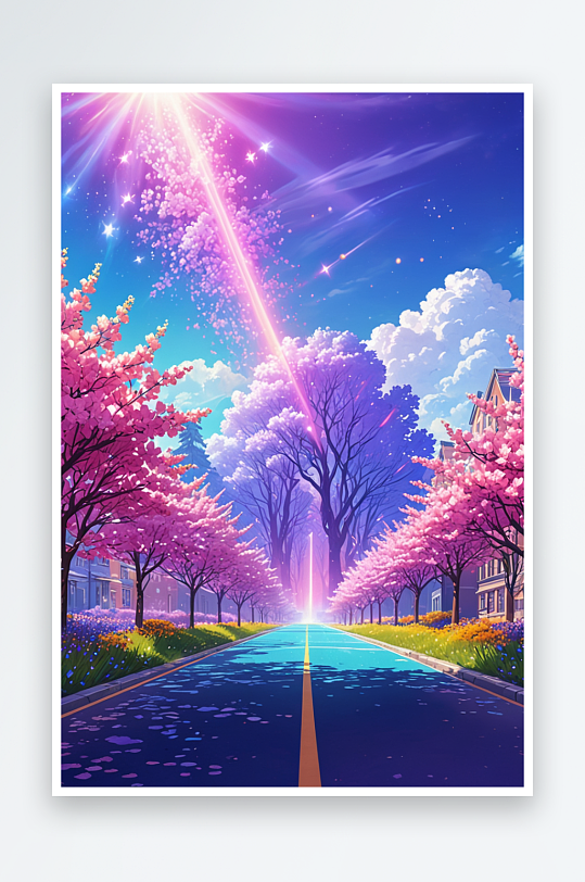 春天校园道路上鲜花绽放插画背景