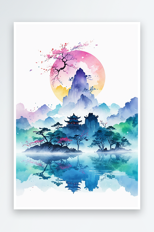 春天风烟雨朦胧山水湖泊风光春天水墨插画背