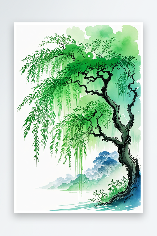 垂柳国风水墨画谷雨清明节气背景插图传统文
