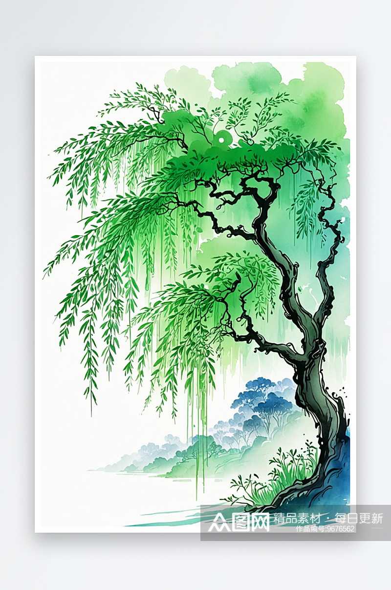 垂柳国风水墨画谷雨清明节气背景插图传统文素材