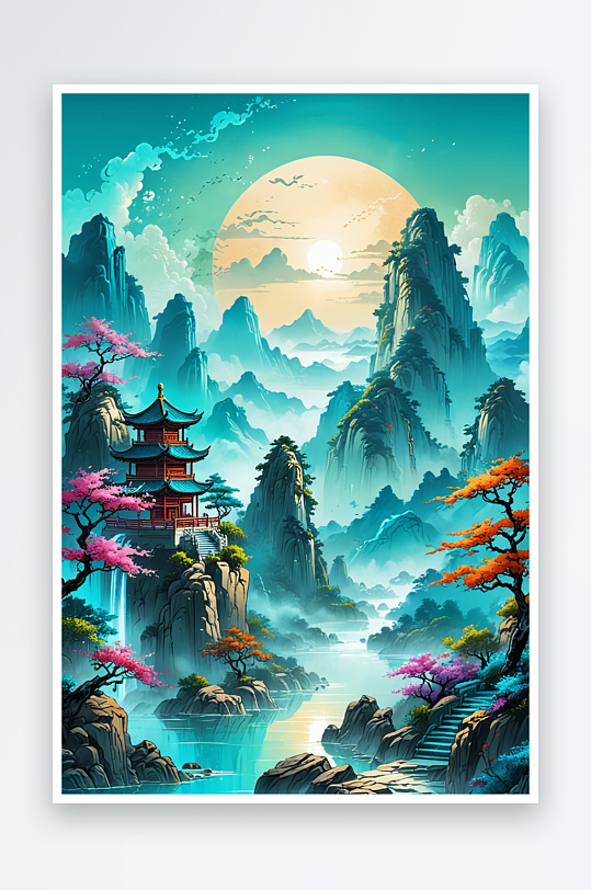 傳統(tǒng)山水畫青綠色綿延群山新中式風(fēng)格壁紙海