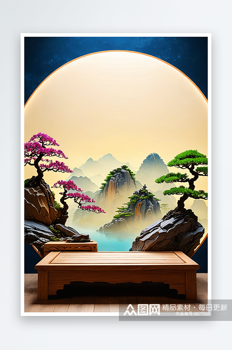 中式盆景假山背景墙木质平台展台素材