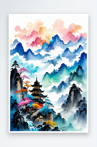 中古画高山云雾水墨画