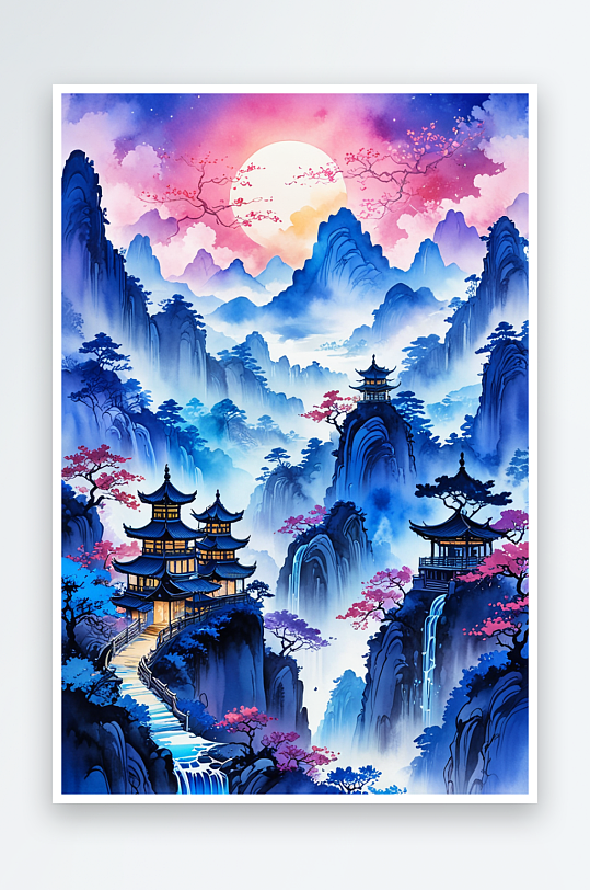 中风蓝色水墨山水画层叠风景插画