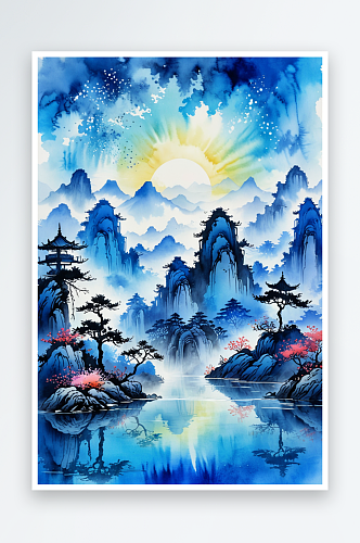 竖幅背景蓝色中山水水墨画