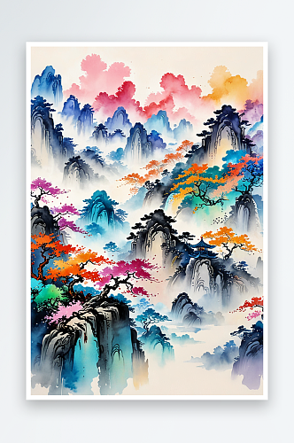 手绘中风意境水墨山水画