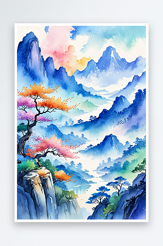 手绘中风小清新水彩风格山水风景插画