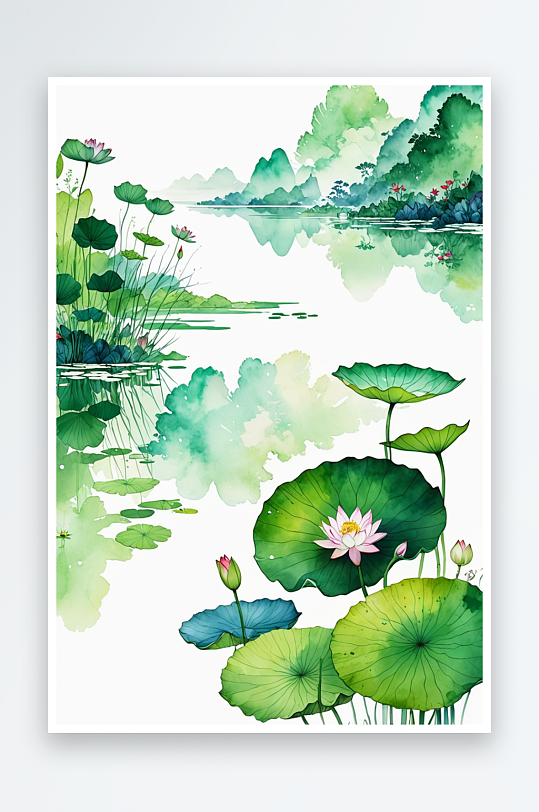 清新山水画水墨画青绿山水荷塘荷花莲花莲蓬