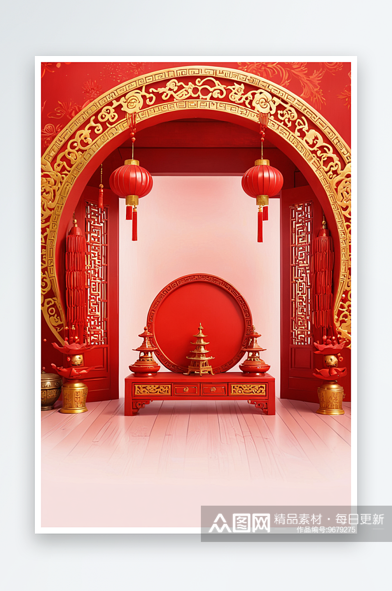 新中式家居红色喜庆展台背景素材