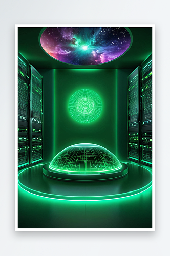 未来科技感数据中心计算机机房圆形平台绿色