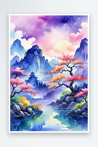 手绘中风小清新水彩风格山水风景插画